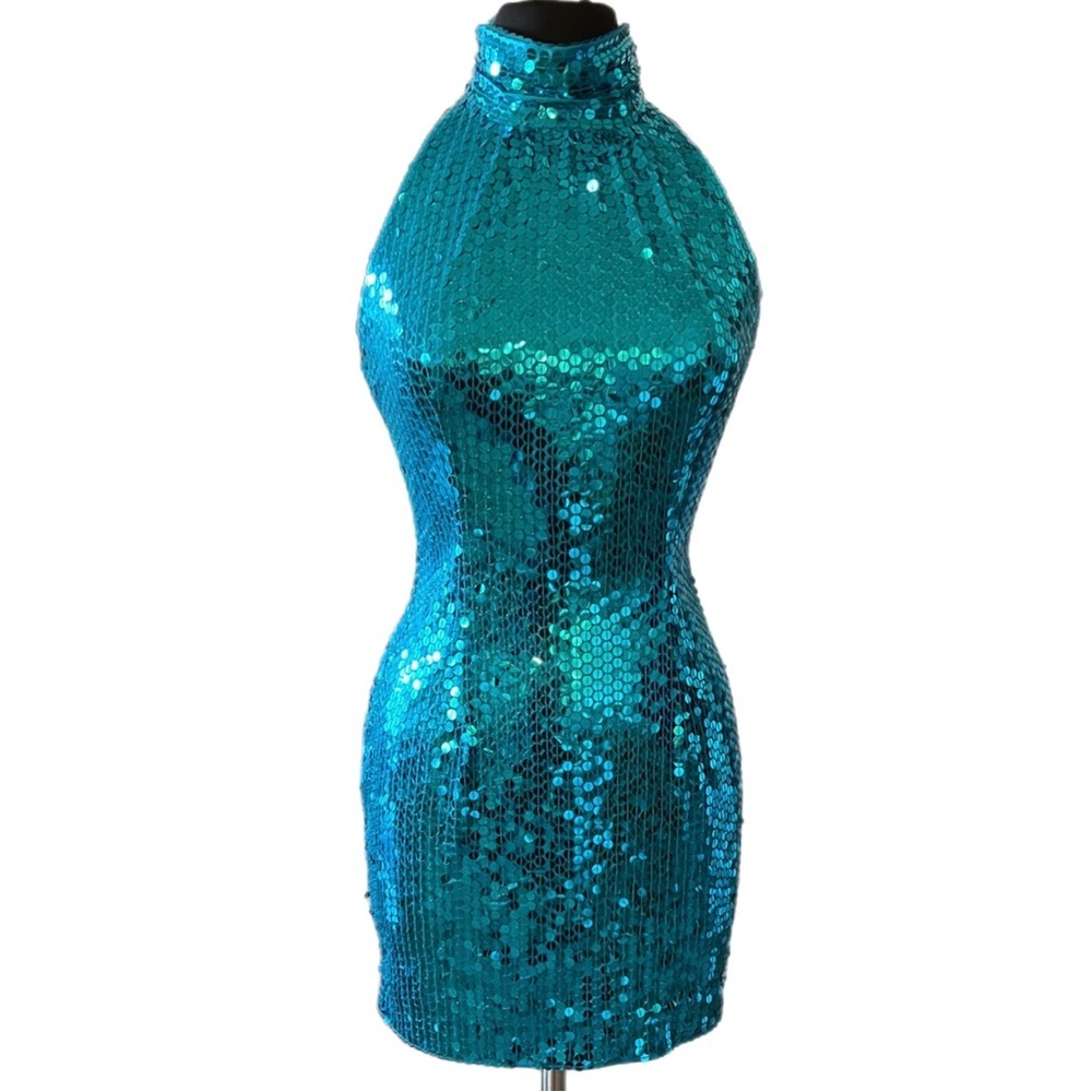 PAPELL BOUTIQUE EVENING Aqua Sequin Body-con Mini-Dress SIZE 10